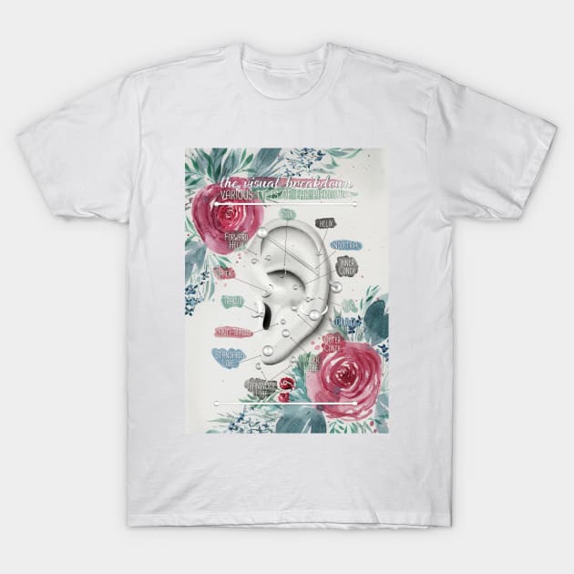 Ear Piercing Chart with Loose Watercolor Florals T-Shirt by Jarrodjvandenberg